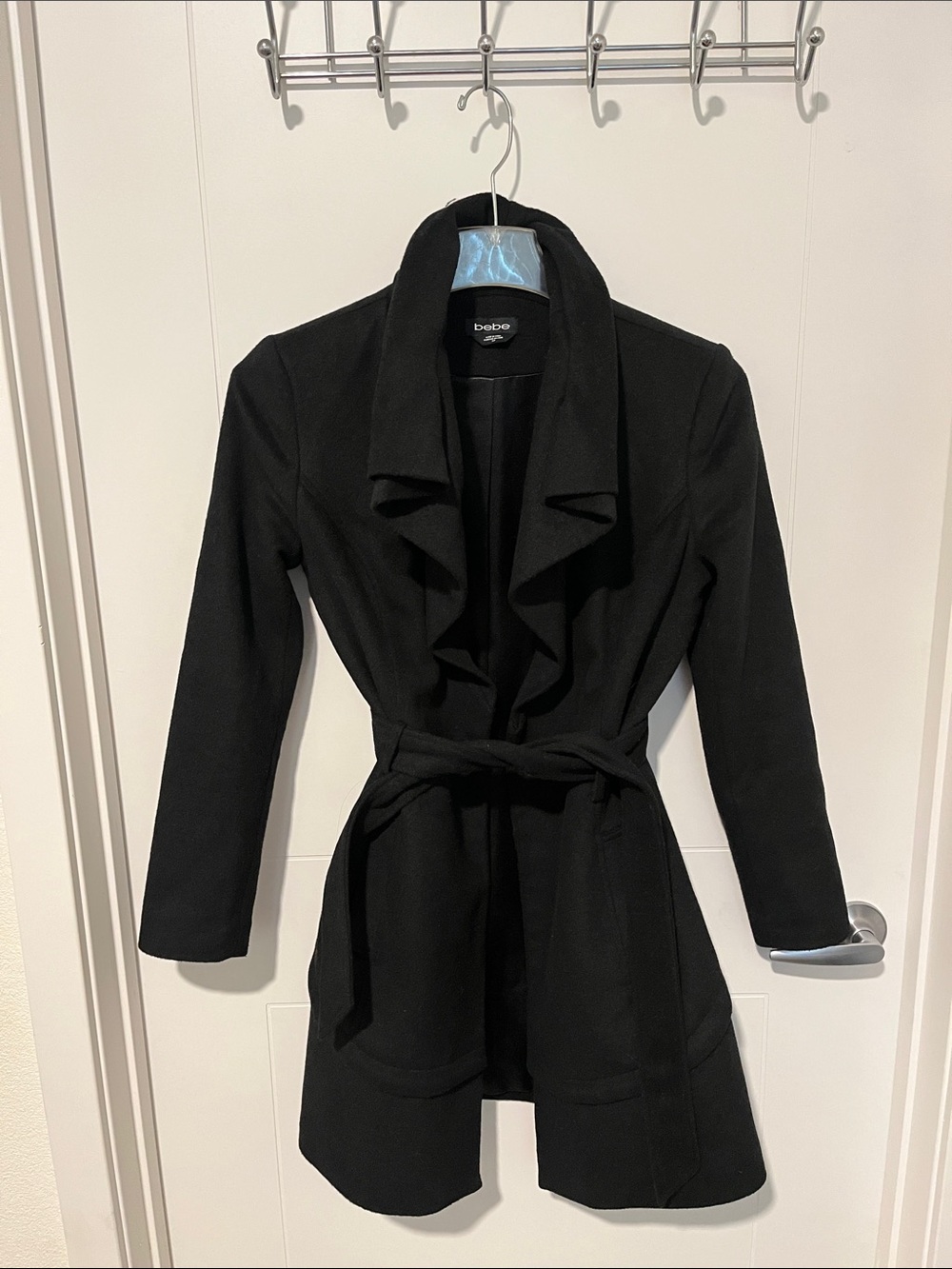 Bebe Black Wool Blend Belt Tie Pockets Coat Classic Timeless Closet Staple
